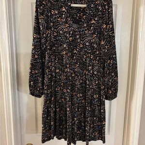 Anthropologie Black Floral Long Sleeve Swing Dress
